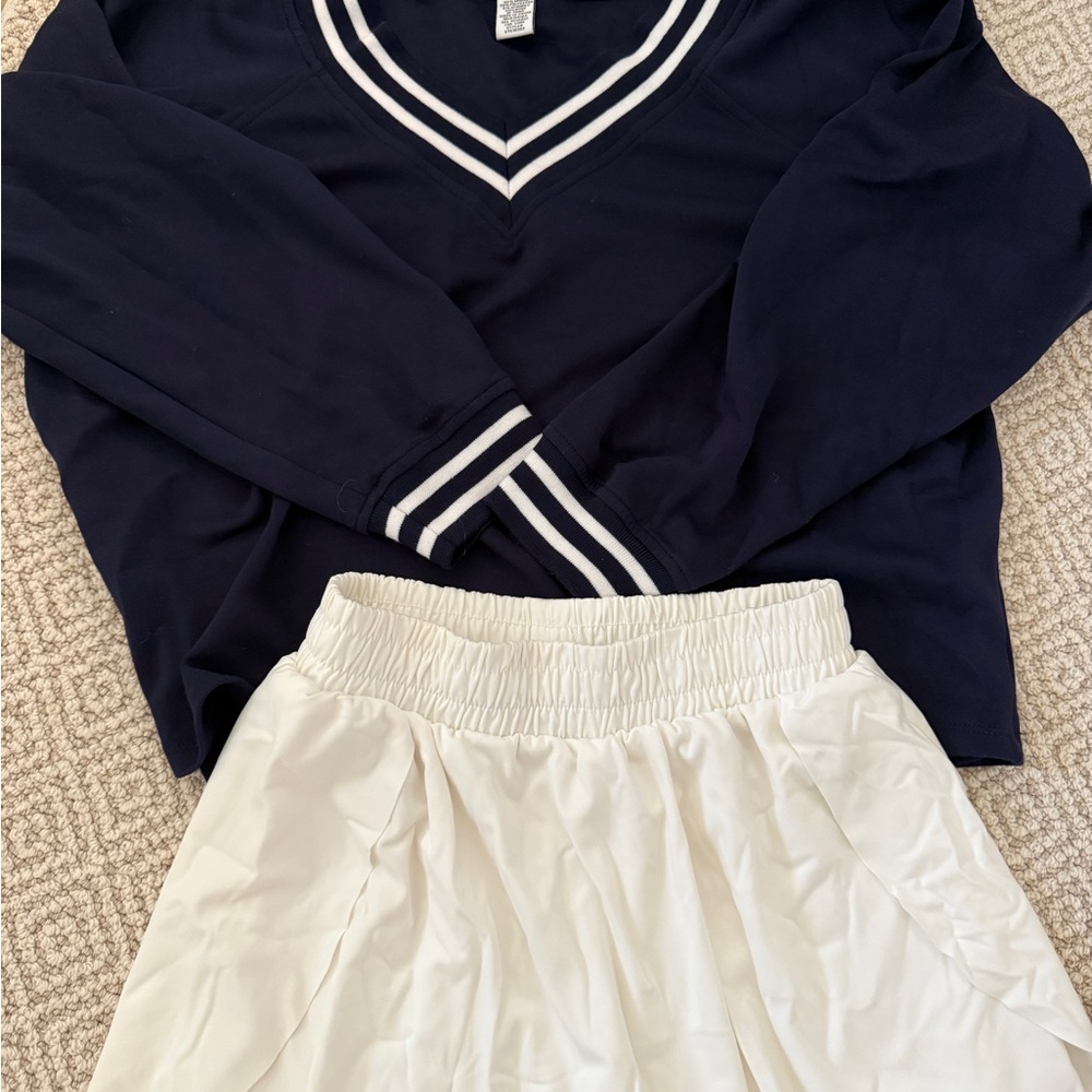 Classic Blue and White Sweater and Skirt Ensemble